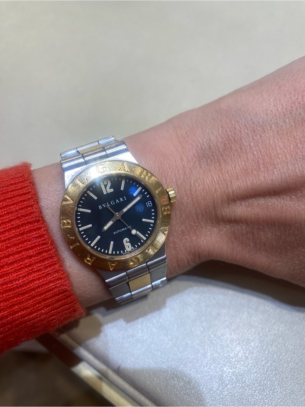 Bulgari Two-Tone Watch with Blue Dial and Gold Bezel ladies